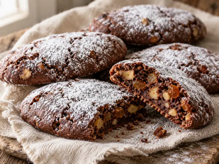 Biscotti ovali scuri di pan dei morti spolverati di zucchero a velo su un vassoio