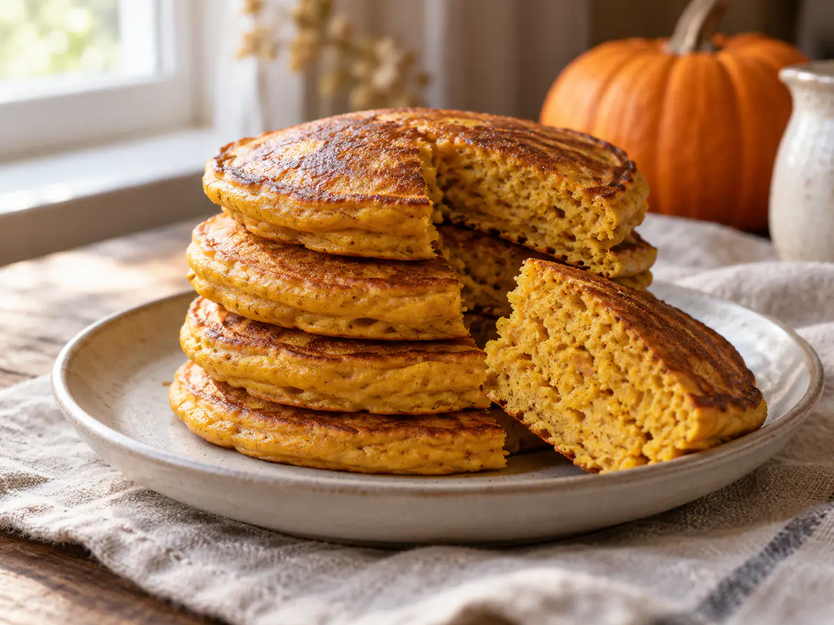 Pancake alla zucca arancioni impilati con superficie dorata e mollica soffice in luce naturale