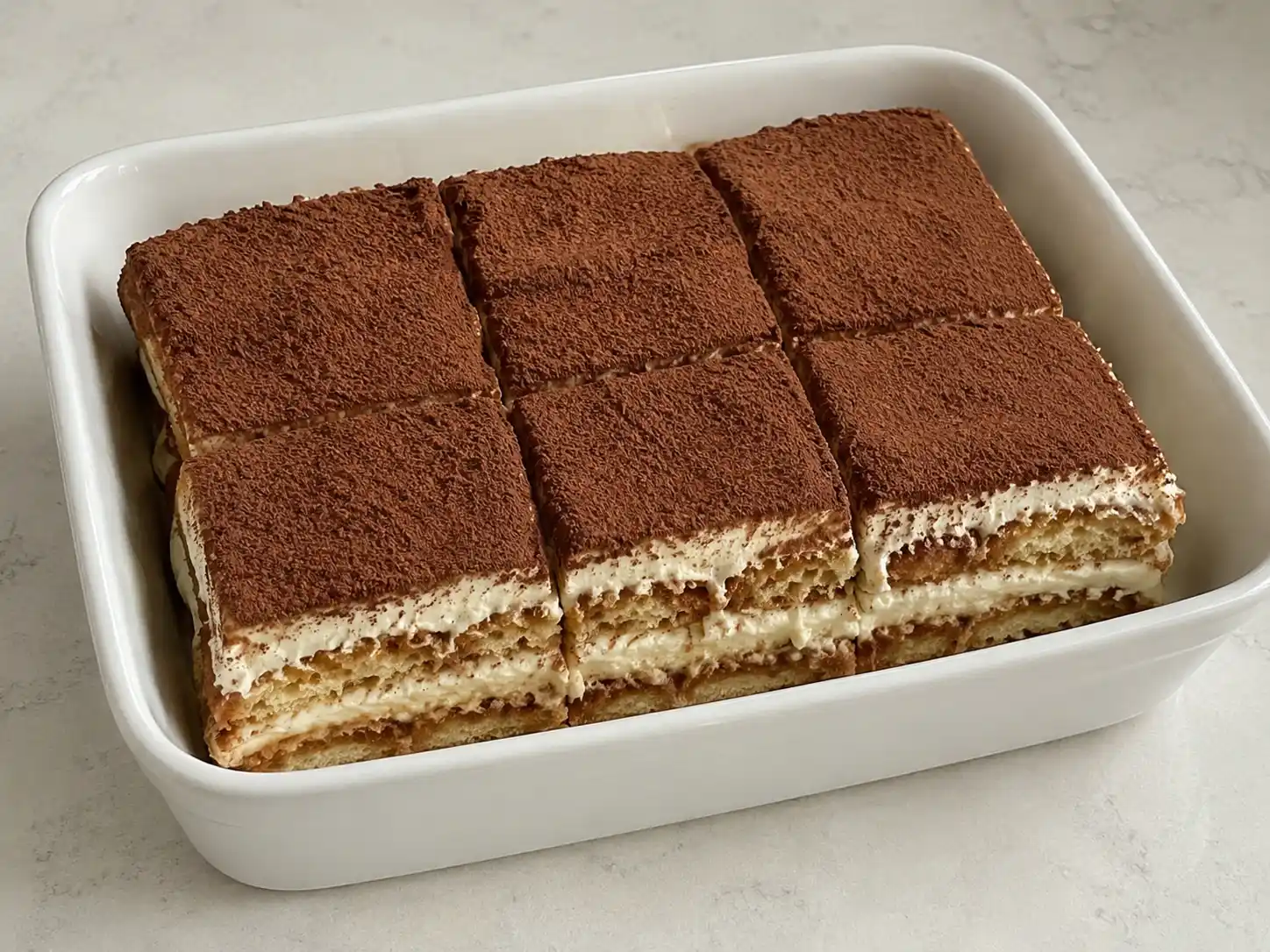 Pandoro al tiramisù in pirofila con strati di pandoro, crema al mascarpone, caffè e cacao
