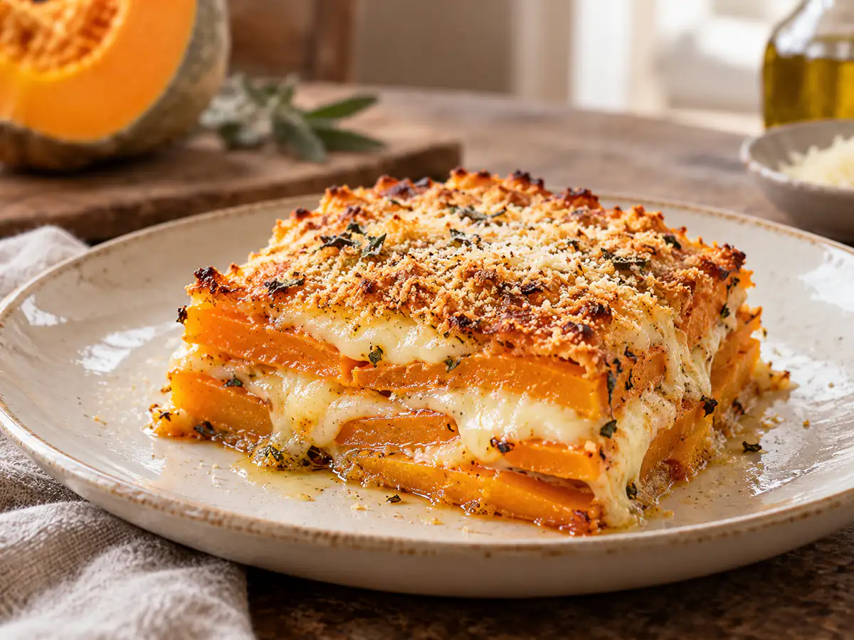 Porzione di parmigiana di zucca con strati arancioni, mozzarella fusa e superficie dorata su un piatto