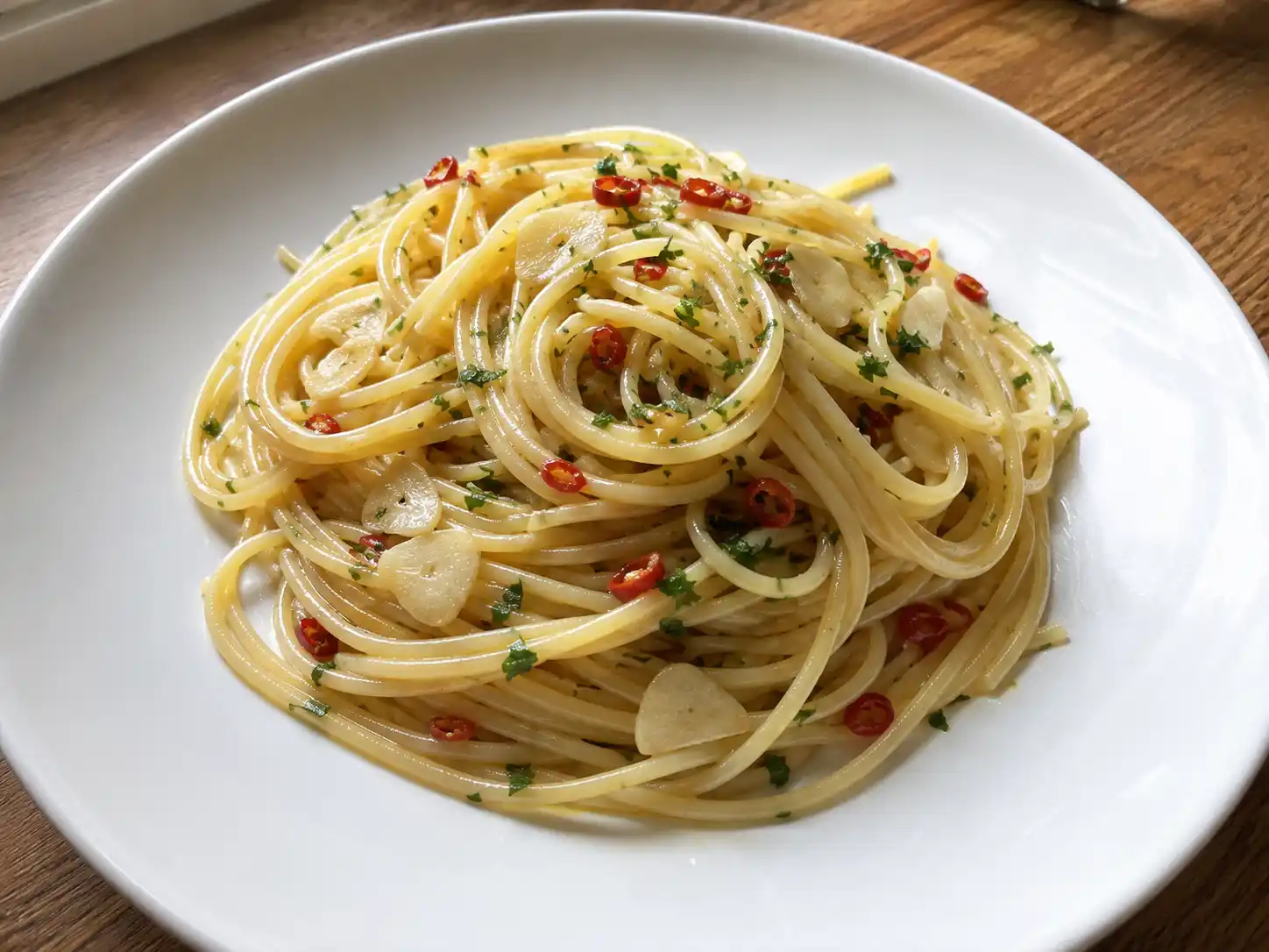Pasta aglio olio e peperoncino cremosa con spaghetti lucidi, aglio dorato e peperoncino