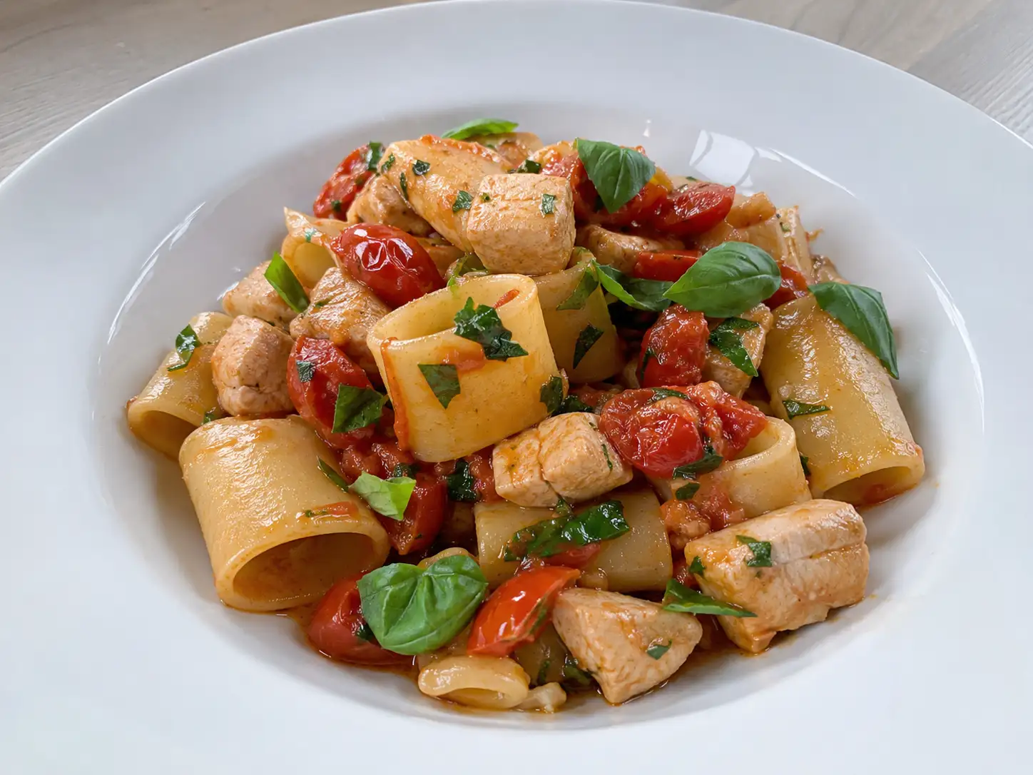 Pasta al pesce spada e pomodorini in piatto bianco con basilico e sugo rosso mediterraneo