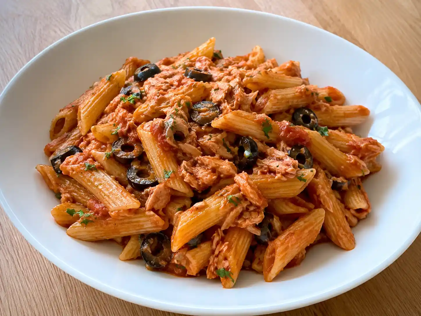 Pasta al tonno e olive con penne al pomodoro, tonno, olive nere e prezzemolo fresco