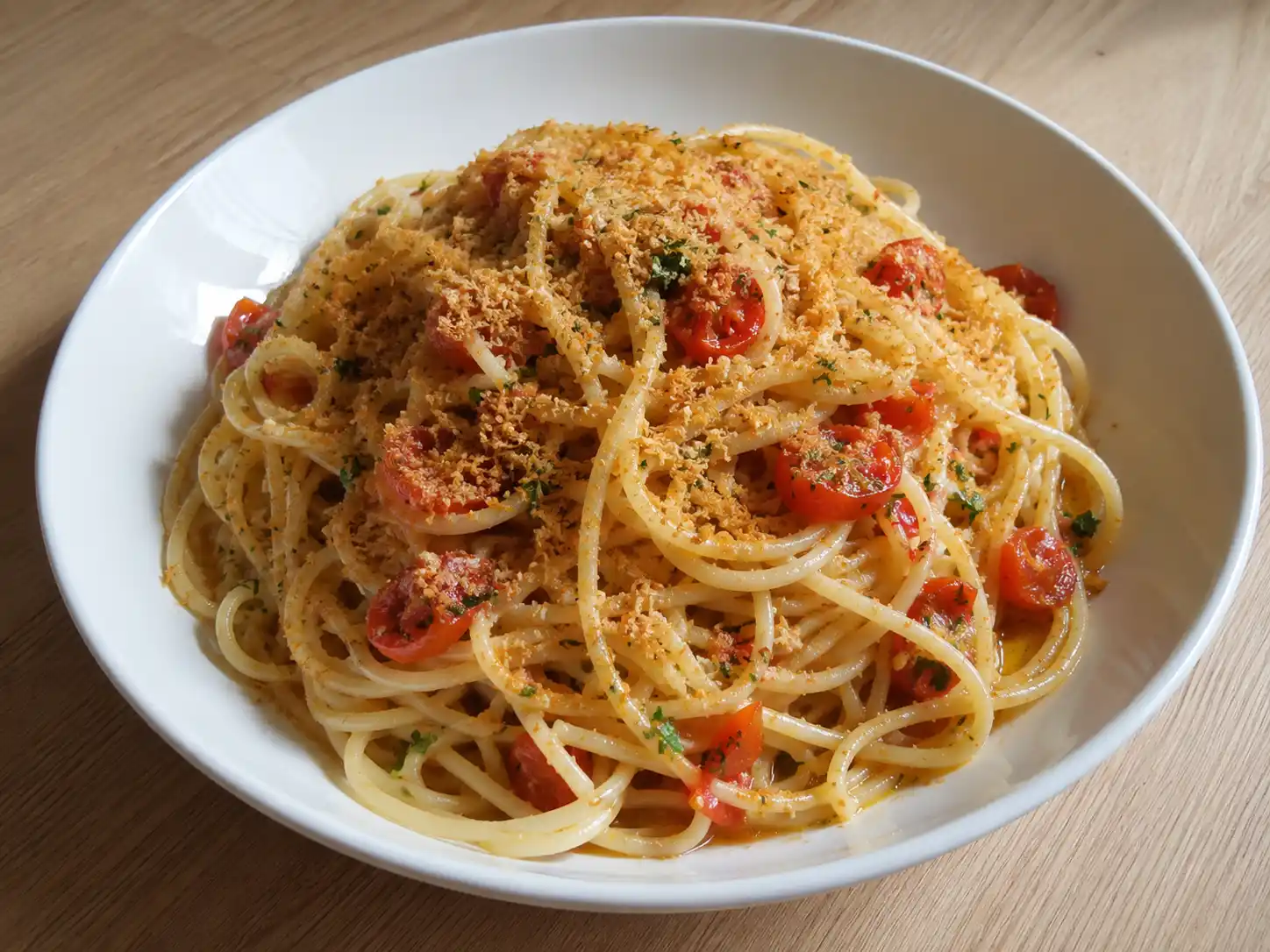 Pasta alla bottarga con pomodorini servita con spaghetti lucidi, pomodorini saltati e prezzemolo