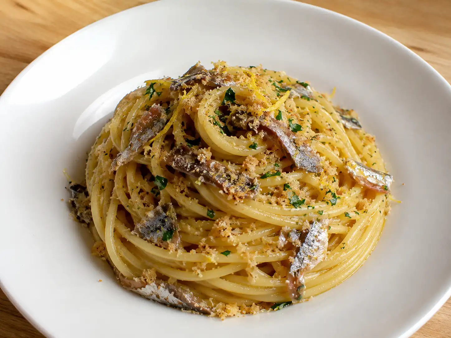 Pasta alle alici fresche con pangrattato tostato, prezzemolo e scorza di limone nel piatto