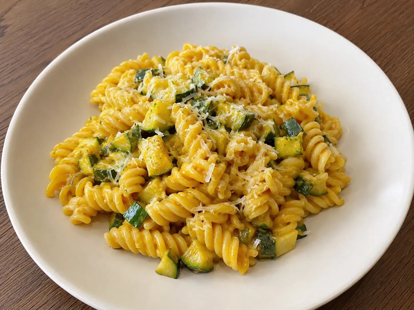 Pasta allo zafferano e zucchine cremosa con pasta corta dorata, zucchine rosolate e Grana