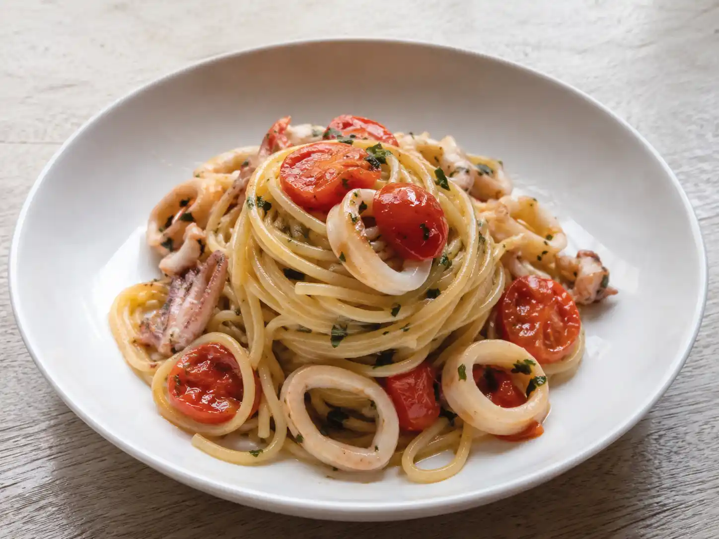 Pasta calamari e pomodorini con anelli teneri e sugo fresco di pomodorini in piatto bianco