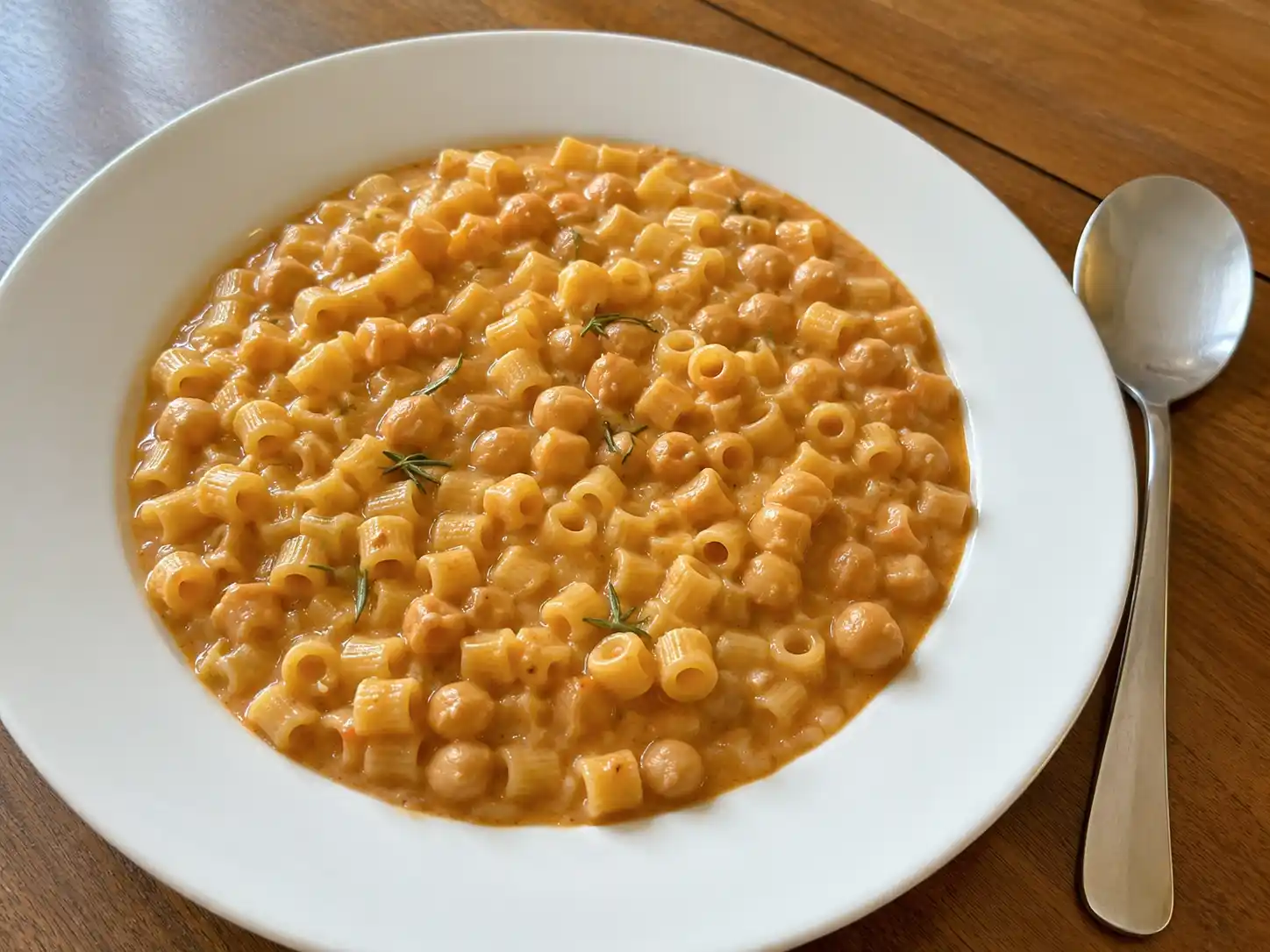 Pasta ceci Bimby cremosa con ditalini, ceci interi e base dorata al rosmarino in piatto fondo