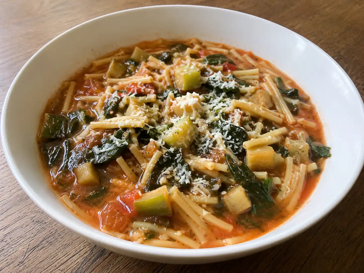 Pasta coi tenerumi siciliana con spaghetti spezzati, foglie verdi, zucchina lunga e pomodoro