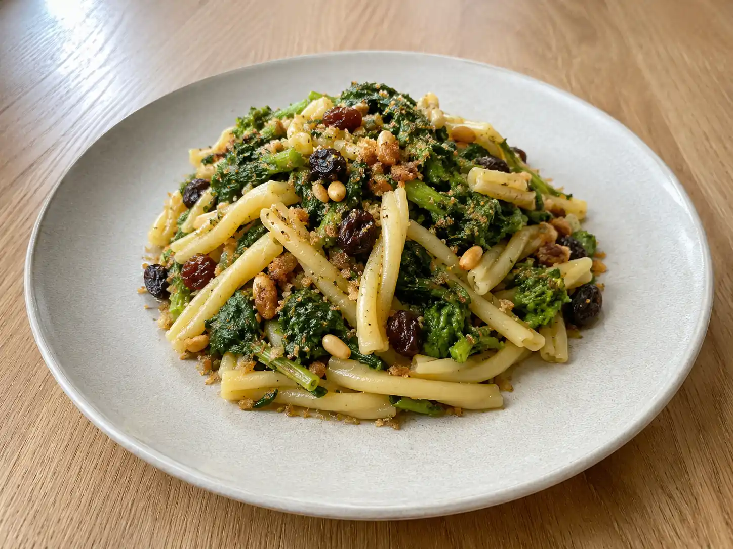 Pasta con cime di rapa alla siciliana con mollica tostata, pinoli e uvetta in piatto semplice