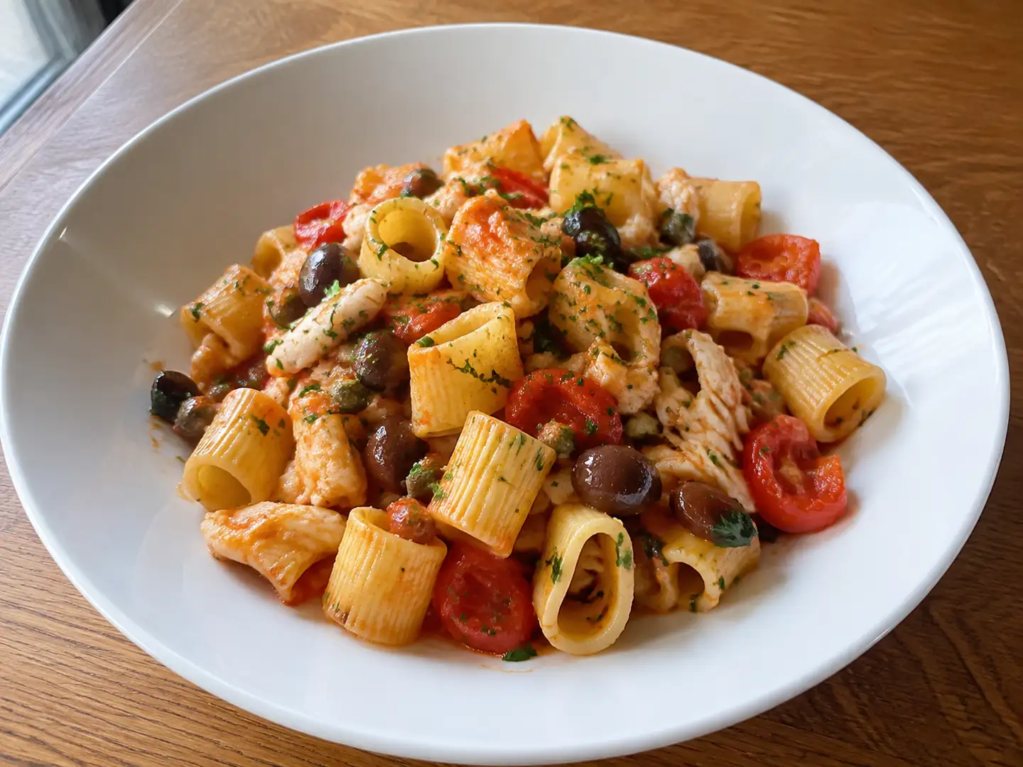 Pasta con il merluzzo e pomodorini in piatto fondo, con olive, capperi e prezzemolo