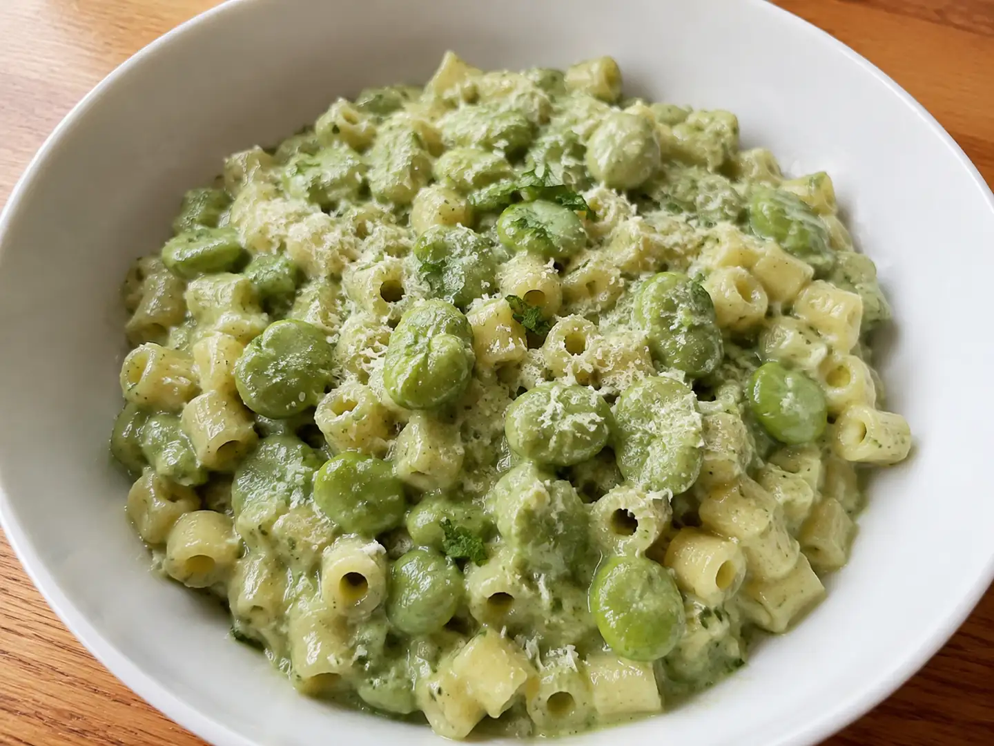 Pasta con la fava fresca cremosa con ditalini, cipollotto e pecorino in piatto fondo