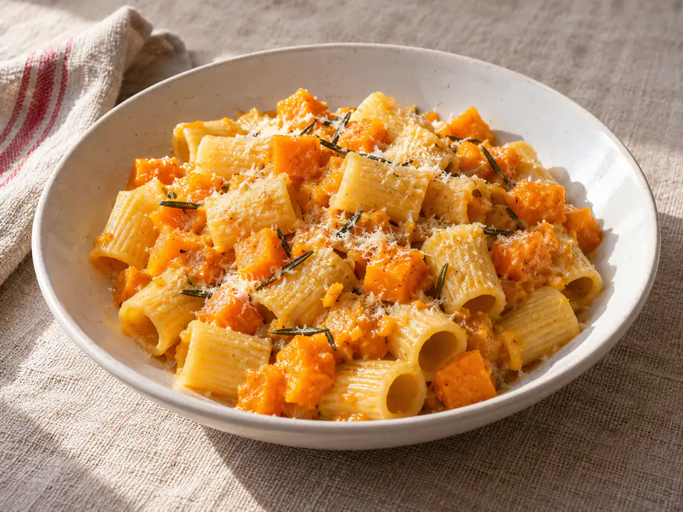 Pasta corta con cubetti di zucca arancione riconoscibili, rosmarino e poco Parmigiano in piatti chiari