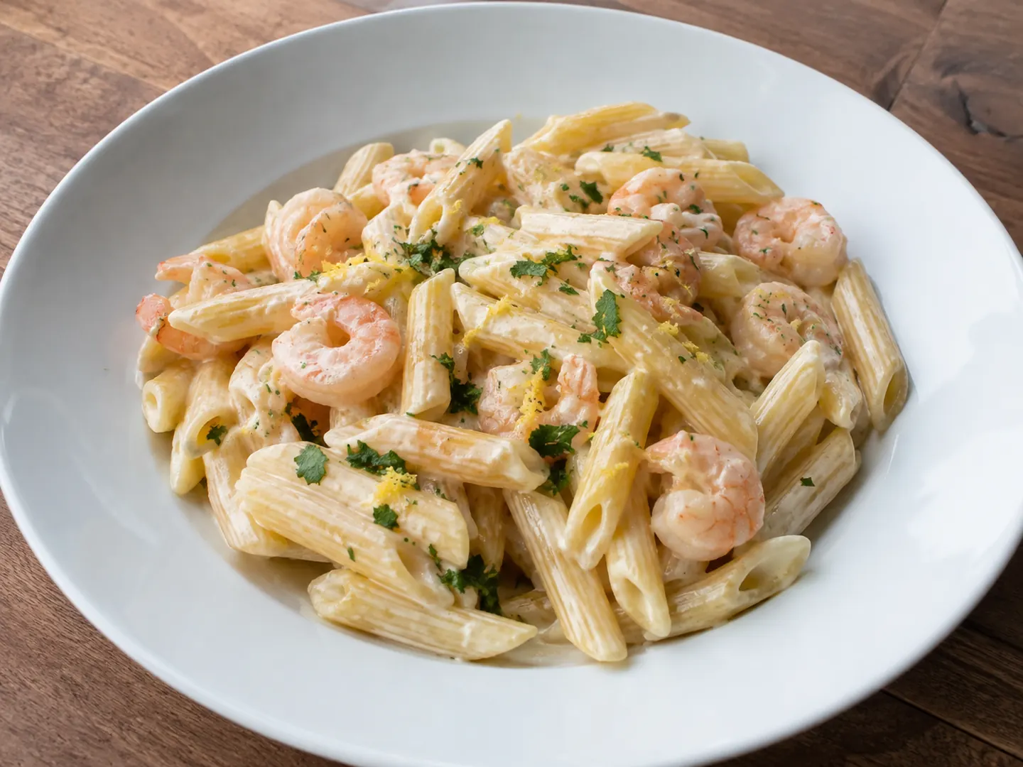 Pasta con panna e gamberetti cremosa servita nel piatto con prezzemolo e scorza di limone