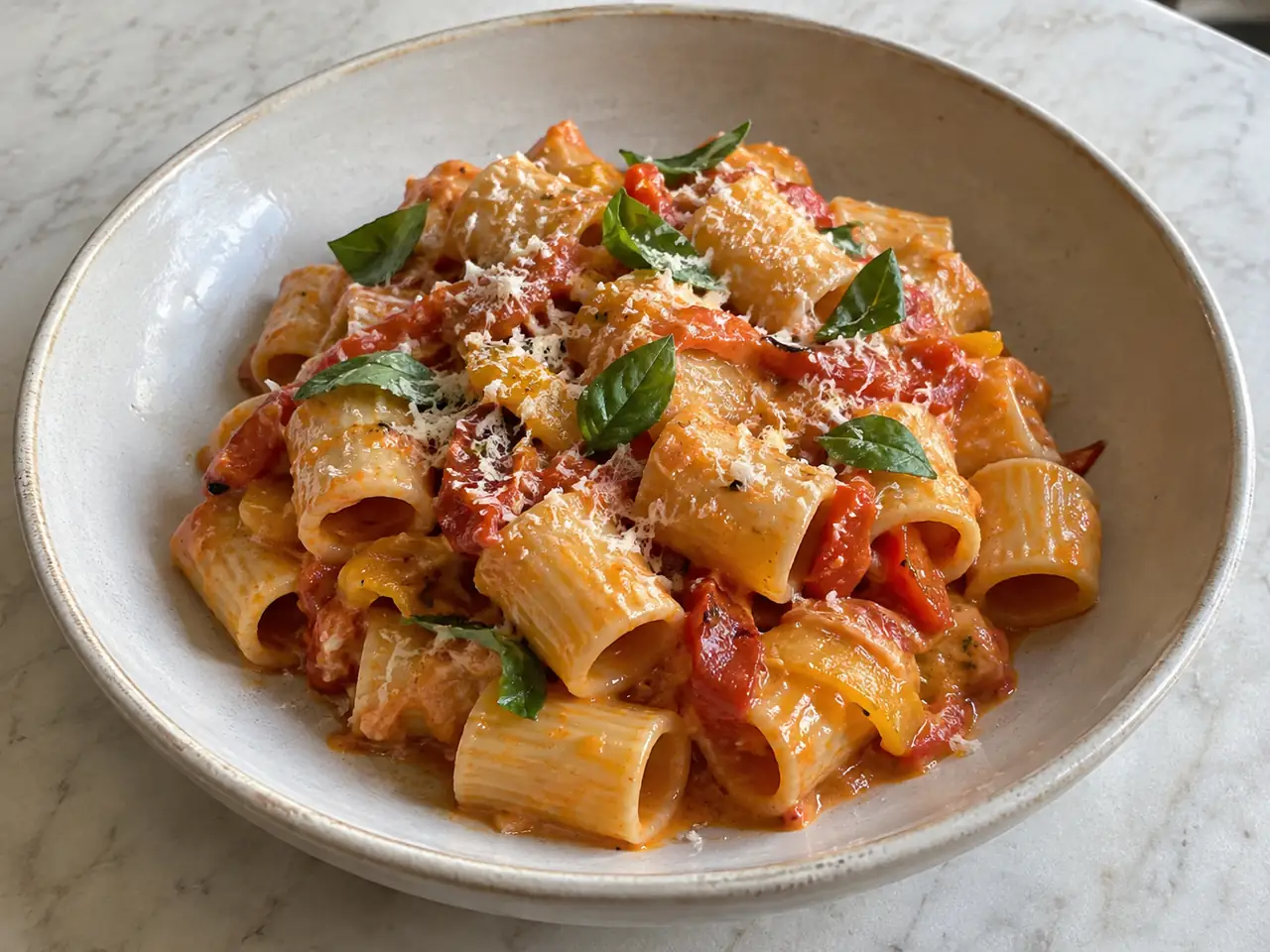 Pasta con peperoni arrostiti cremosa con basilico e pecorino in piatto fondo chiaro