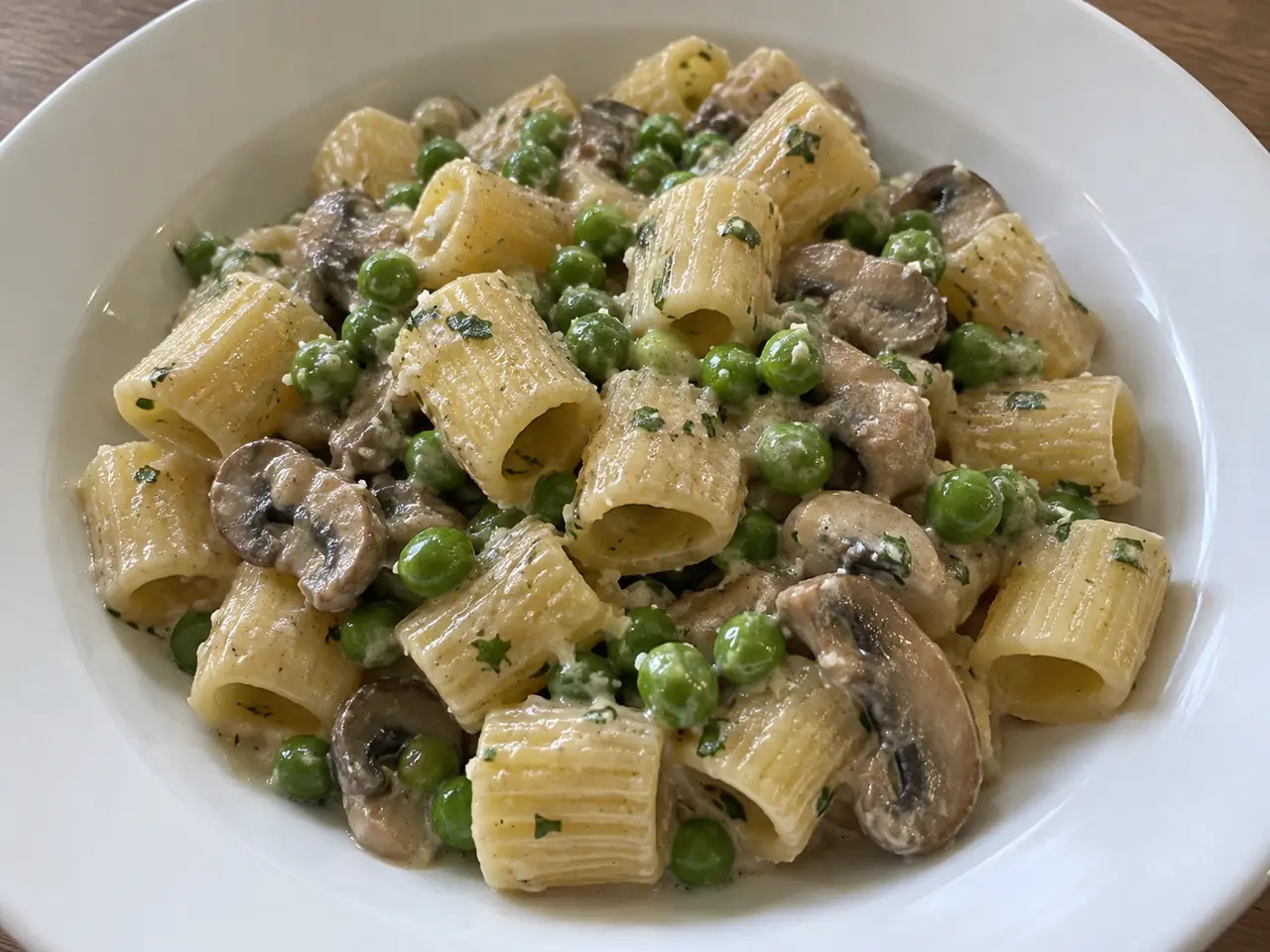 Pasta con piselli e funghi cremosa con mezze maniche, champignon e prezzemolo fresco