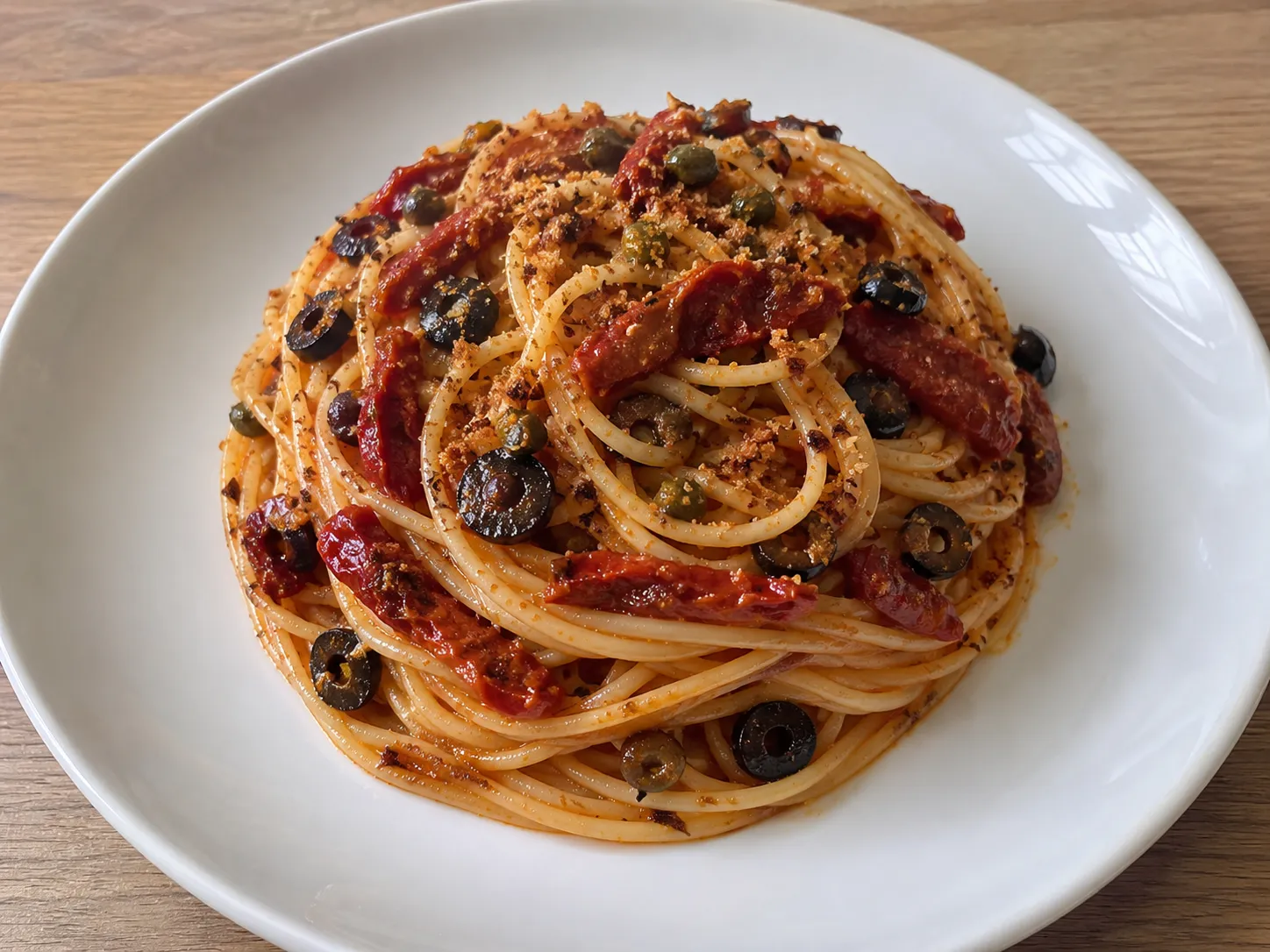 Pasta con pomodori secchi alla siciliana con olive, capperi e pangrattato tostato