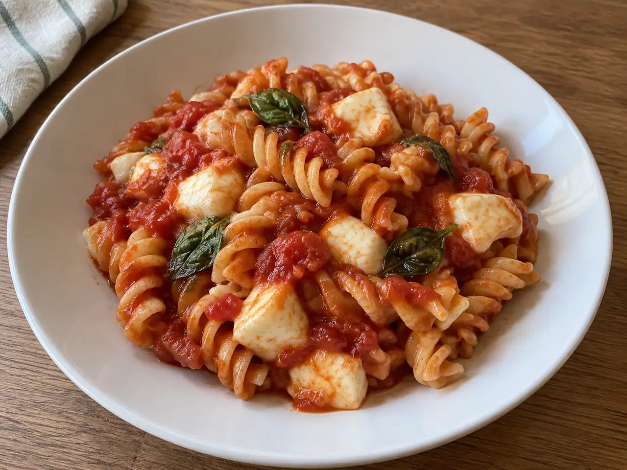 Pasta con pomodoro e mozzarella in piatto bianco con fusilli al sugo e cubetti di fiordilatte