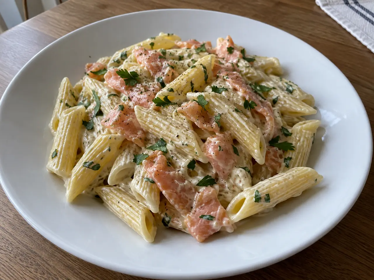 Pasta con salmone e panna ricetta cremosa con penne rigate, salmone affumicato e prezzemolo