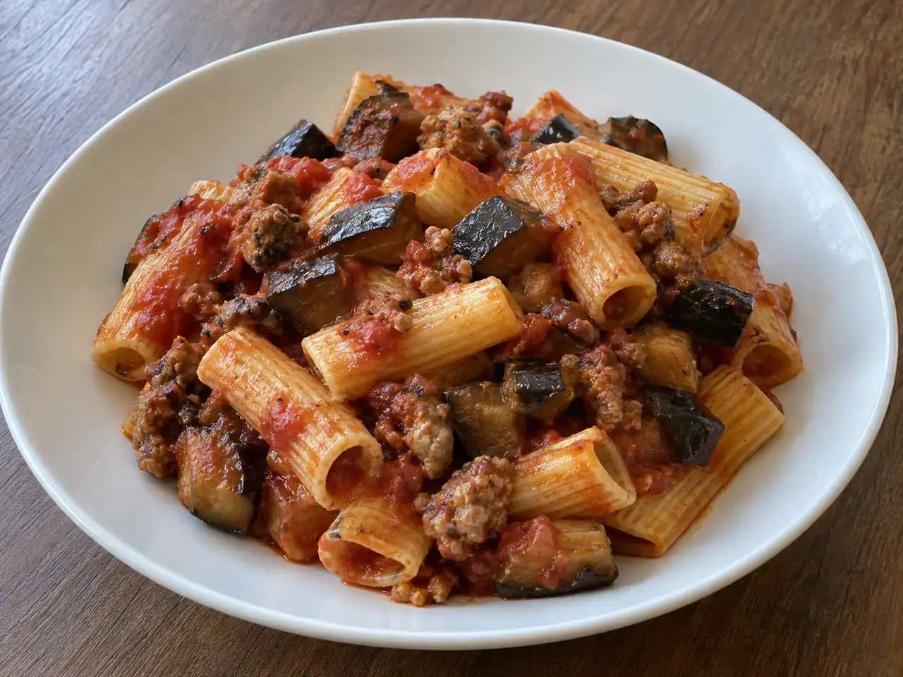 Pasta con salsiccia e melanzane al pomodoro con cubetti dorati e sugo ben legato