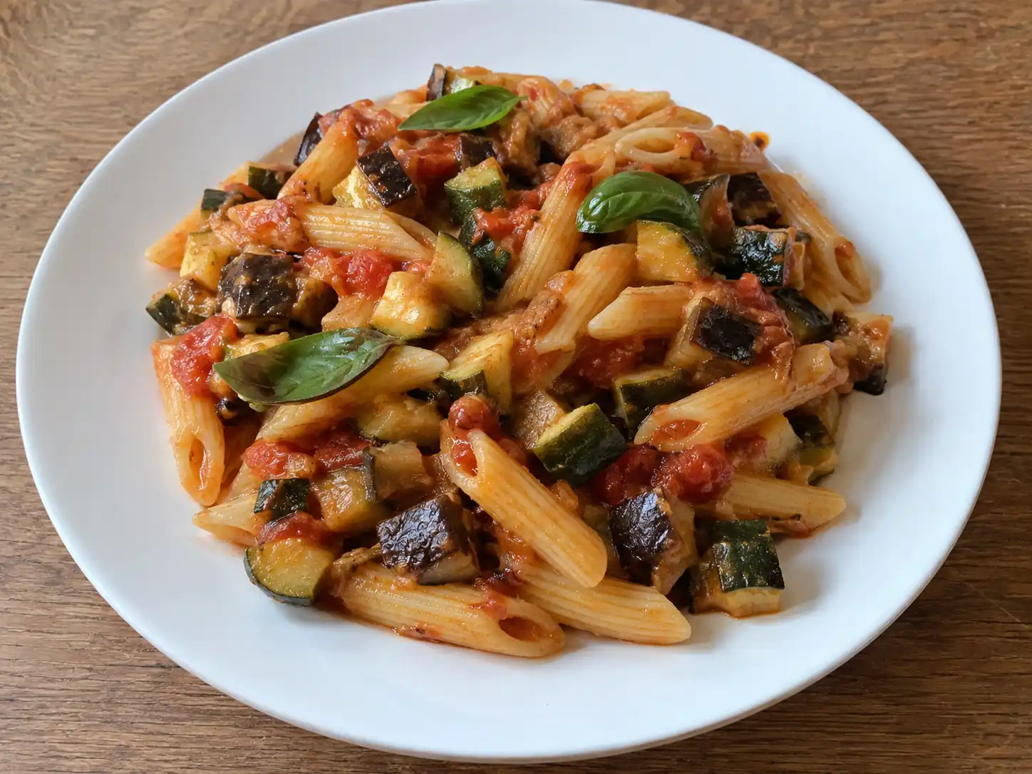 Pasta con zucchine e melanzane in padella con pomodoro, verdure morbide e basilico fresco