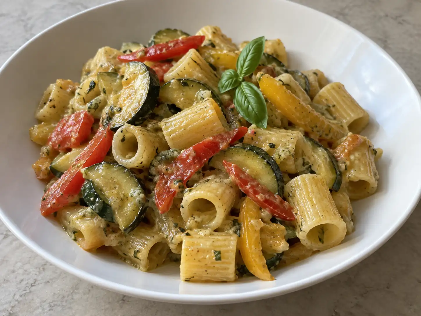 Pasta con zucchine e peperoni in piatto bianco con verdure saltate e sugo cremoso al basilico