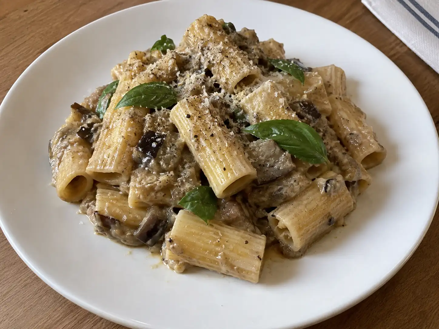 Pasta crema di melanzane al forno con rigatoni, basilico e Parmigiano su piatto bianco