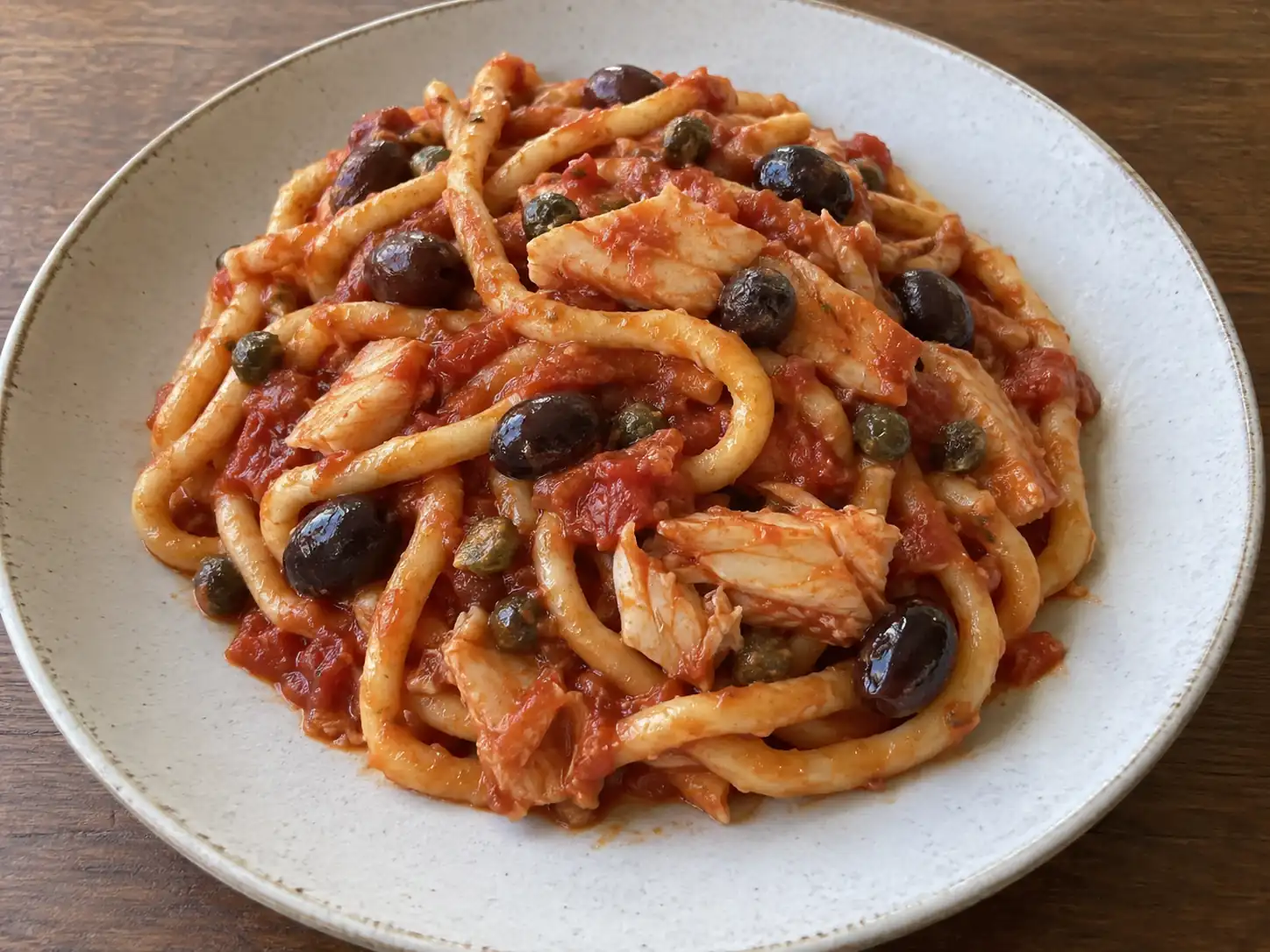 Pasta e baccalà alla pugliese con sugo di pomodoro, olive nere e capperi nel piatto