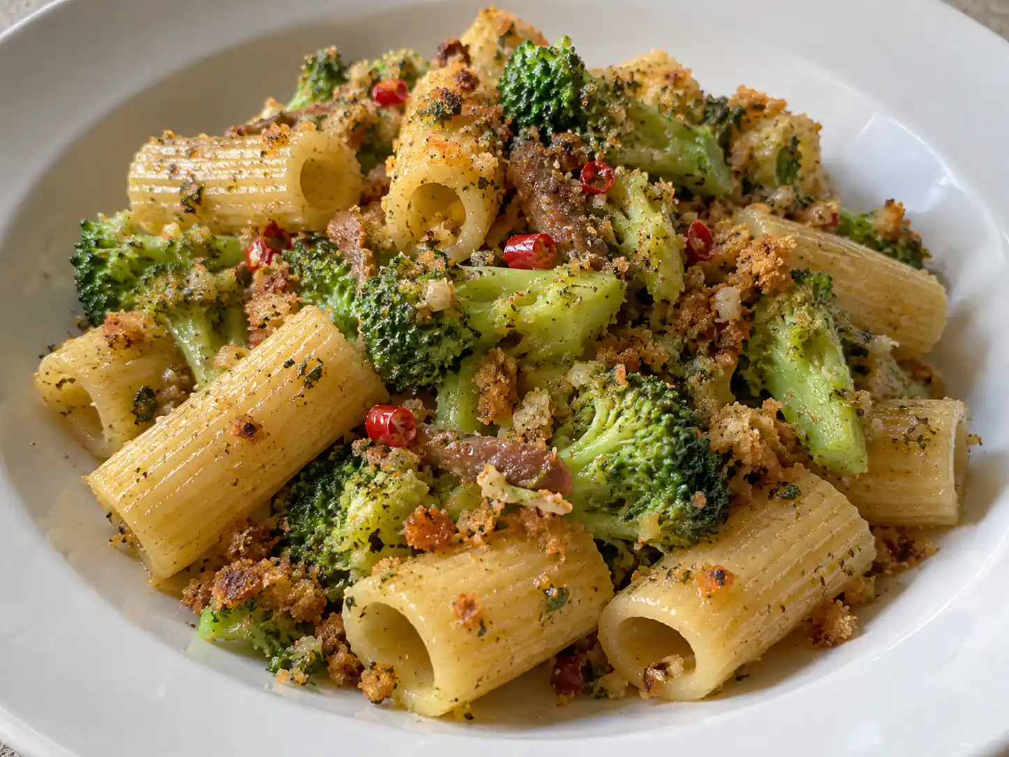Pasta e broccoli alla calabrese con mollica tostata, acciughe e peperoncino in piatto bianco