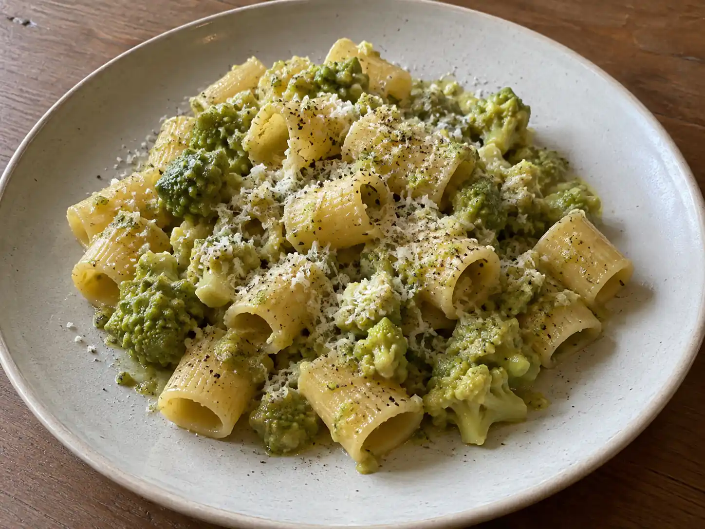 Pasta e broccoli alla romana cremosa con broccolo romanesco, alici e pecorino nel piatto