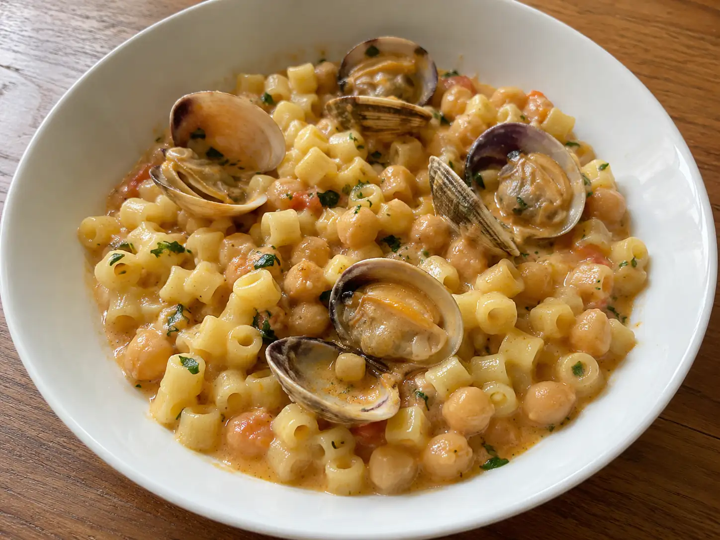 Pasta e ceci con vongole servita in piatto fondo con ditalini, ceci cremosi e gusci aperti
