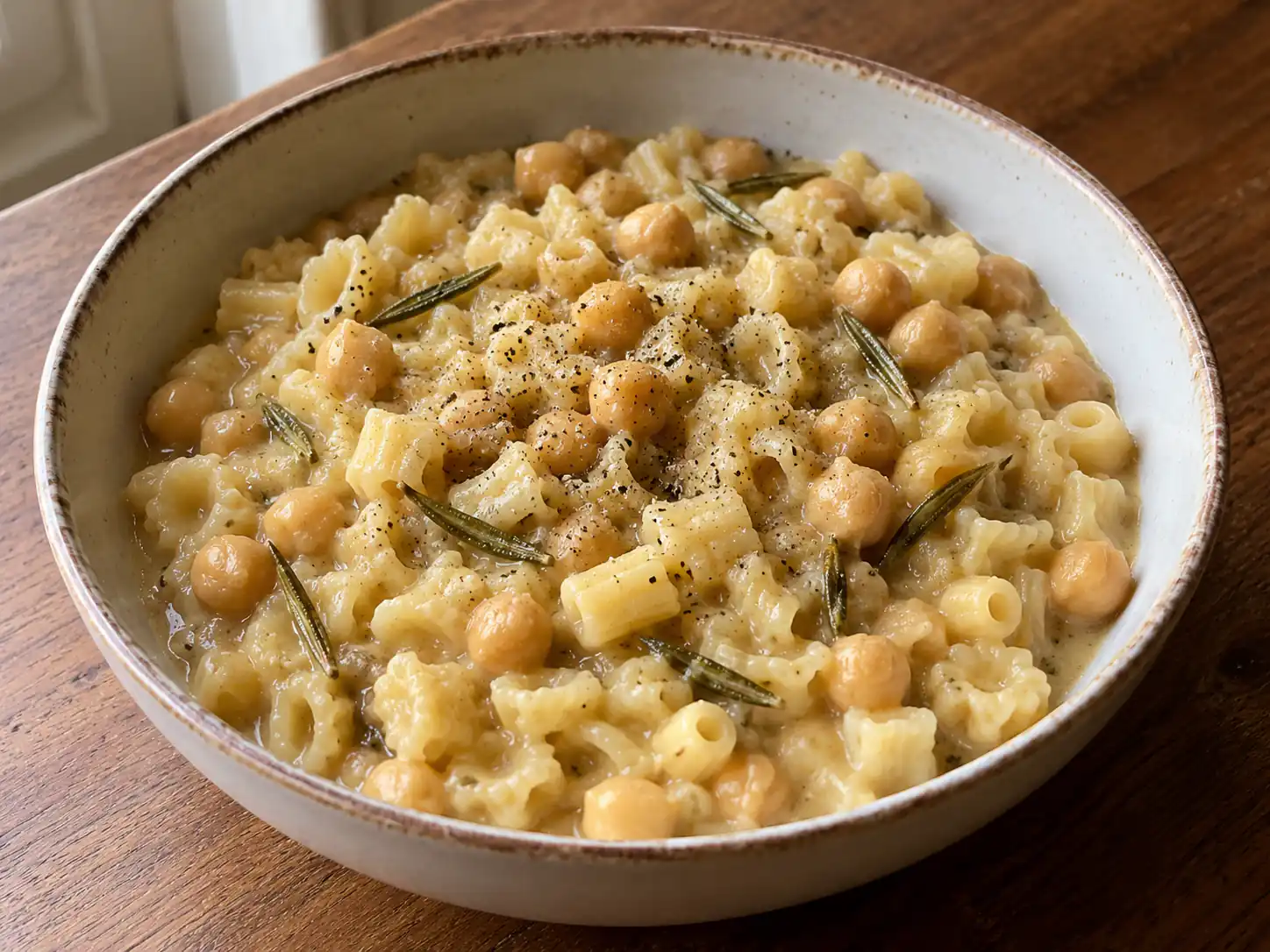Pasta e ceci in bianco ricetta cremosa servita in ciotola con pasta mista, ceci e rosmarino