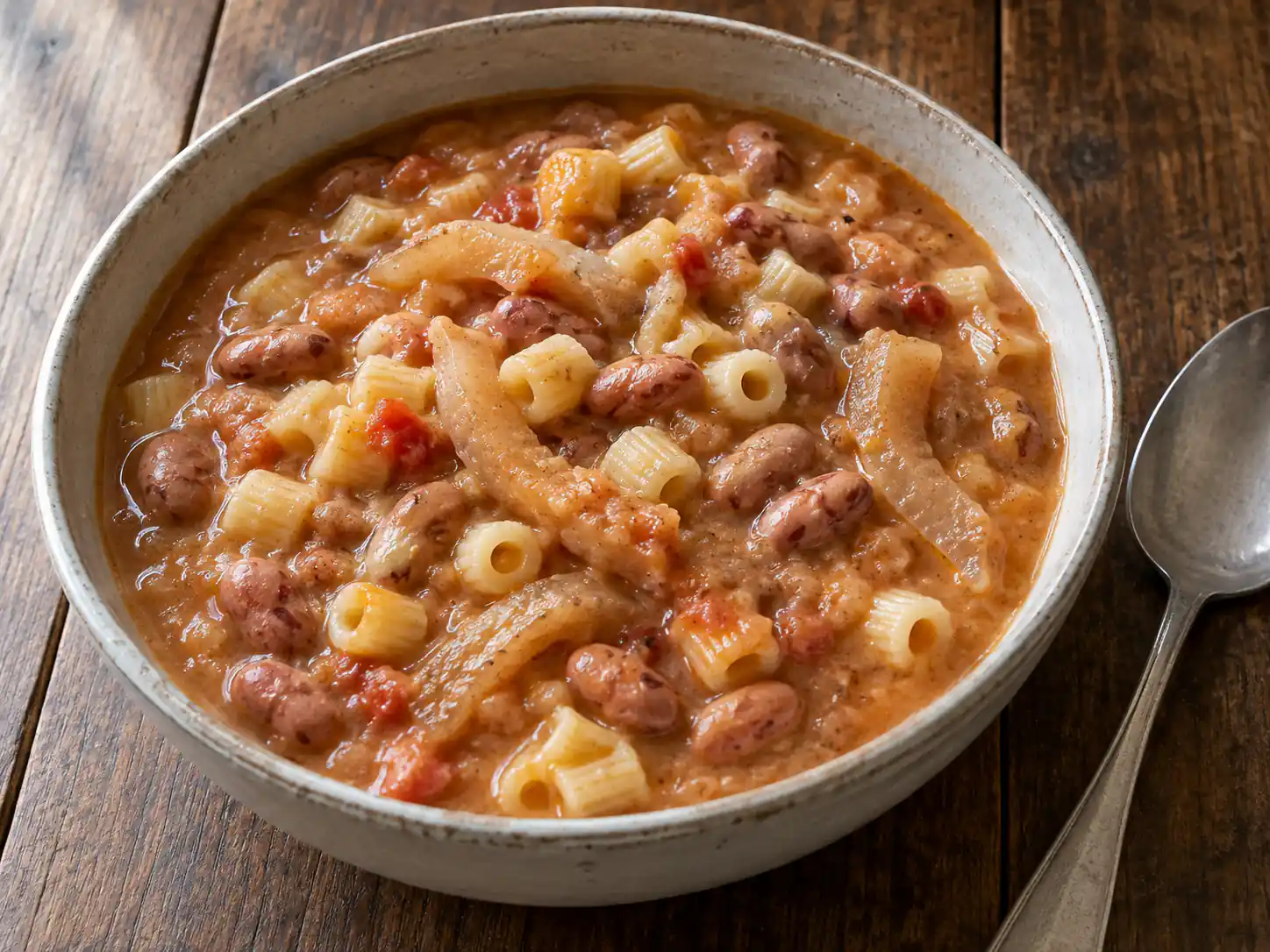 Pasta e fagioli con cotiche cremosa in ciotola con ditalini, borlotti e pezzi teneri di cotenna