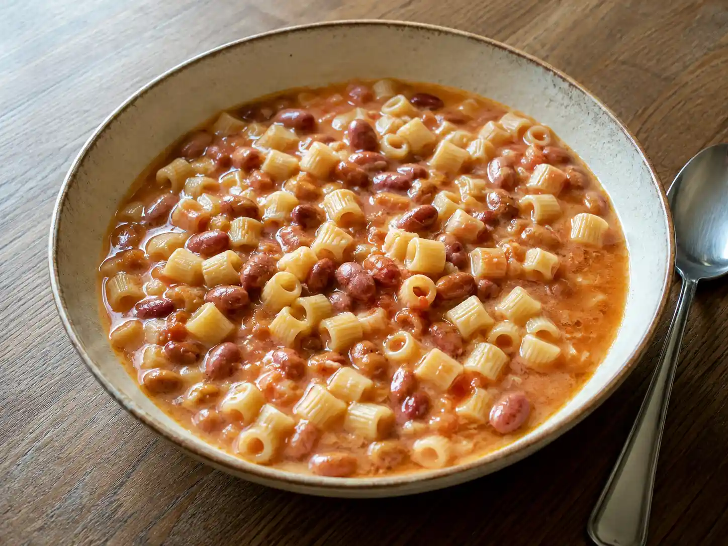 Pasta e fagioli freschi in piatto fondo, ditalini e borlotti cremosi con olio a crudo
