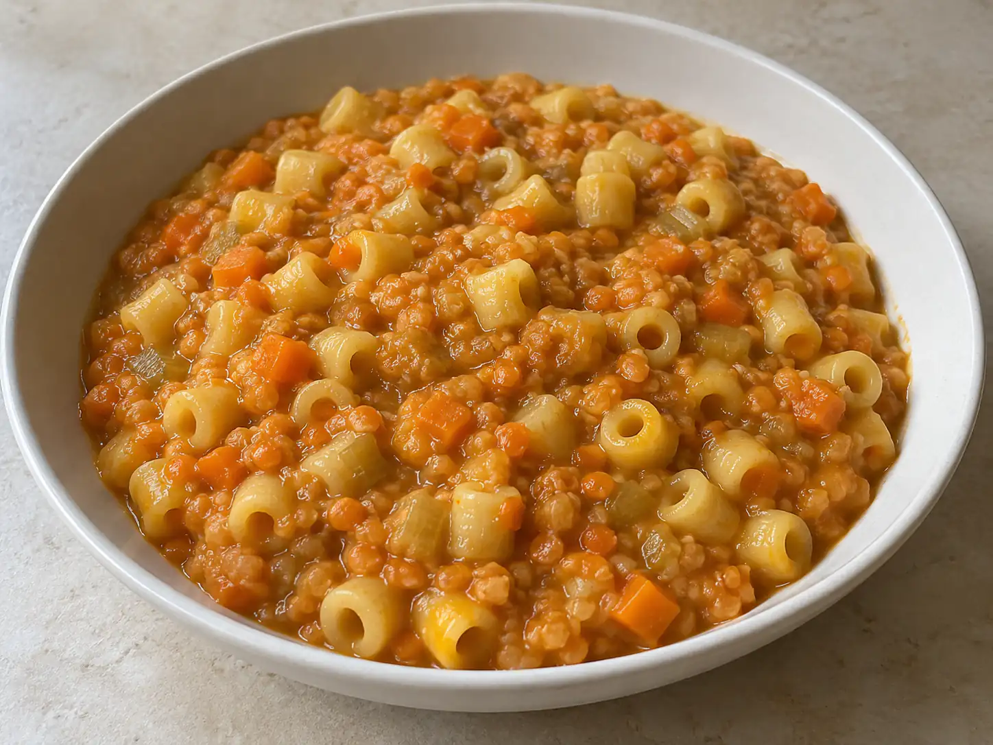 Pasta e lenticchie rosse cremosa con ditalini in ciotola, colore arancione e consistenza morbida