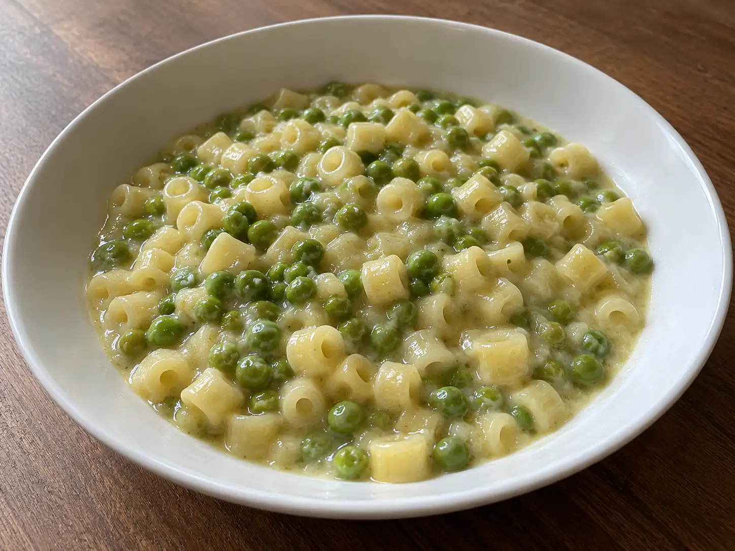 Pasta e piselli al Bimby cremosa in ciotola bianca con ditalini, piselli e Parmigiano mantecato