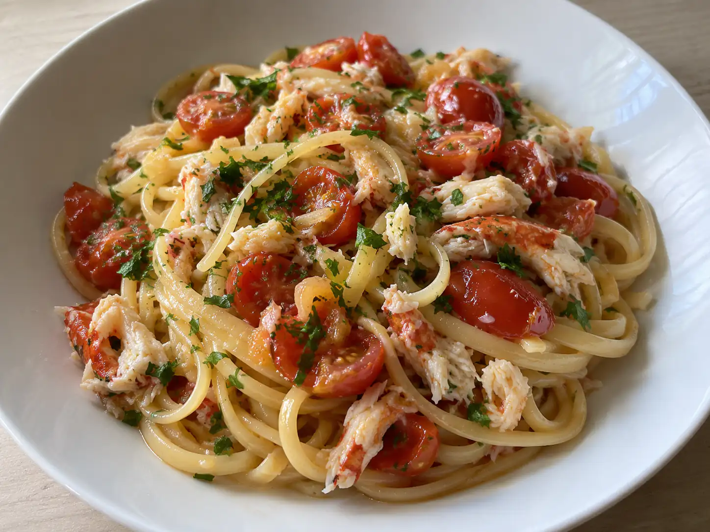 Pasta e polpa di granchio con linguine, pomodorini e prezzemolo in piatto chiaro