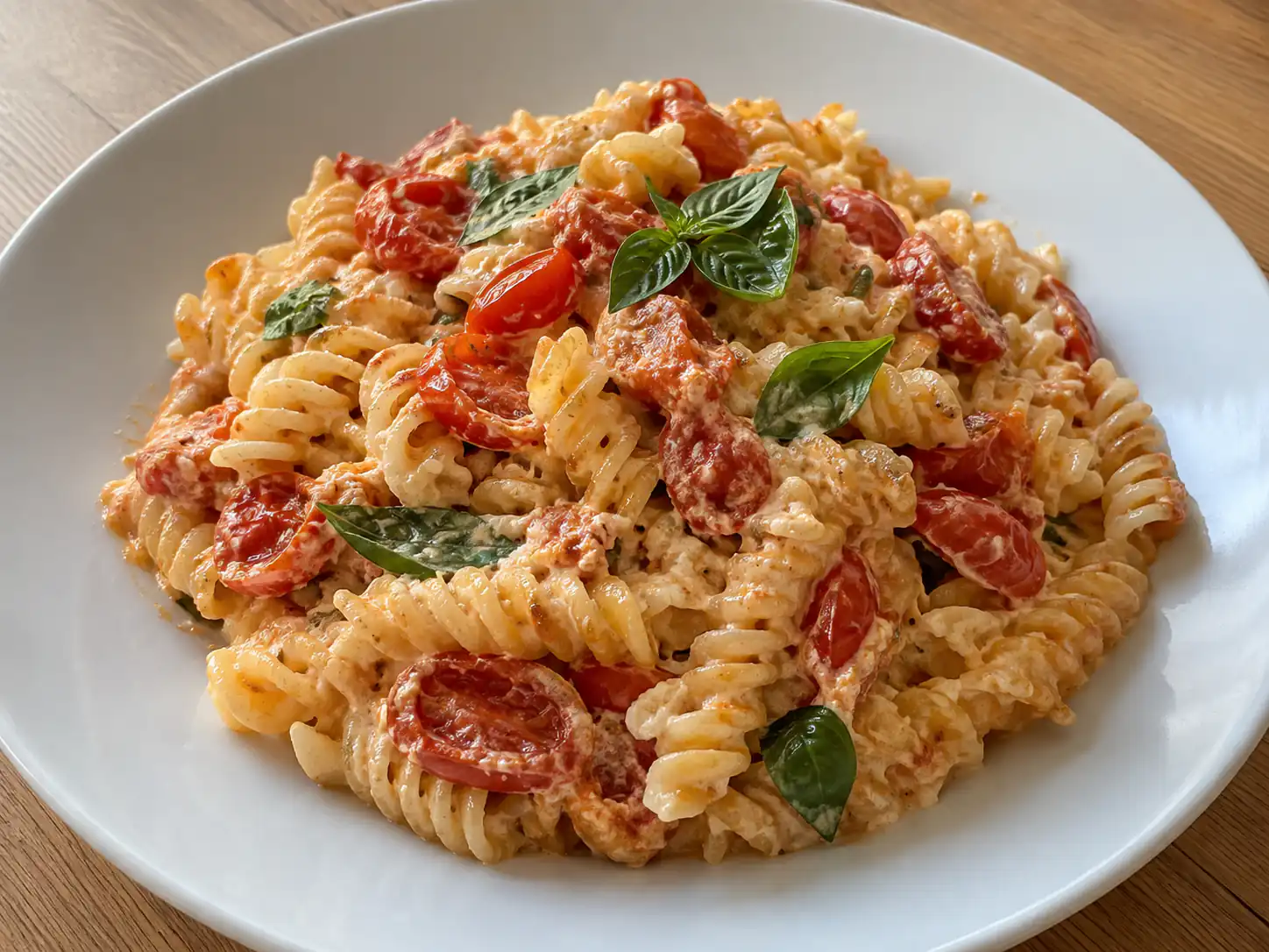 Pasta e ricotta e pomodorini cremosa con basilico fresco servita in piatto bianco