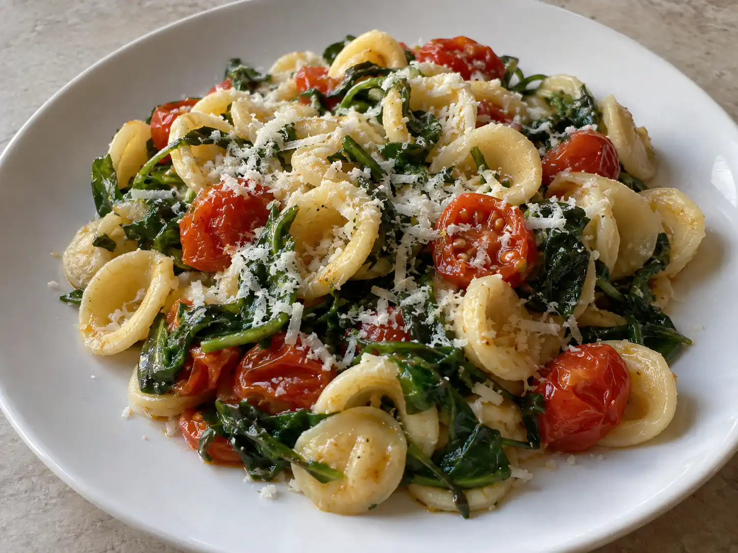 Pasta e rucola alla pugliese con orecchiette, pomodorini rossi e ricotta salata grattugiata