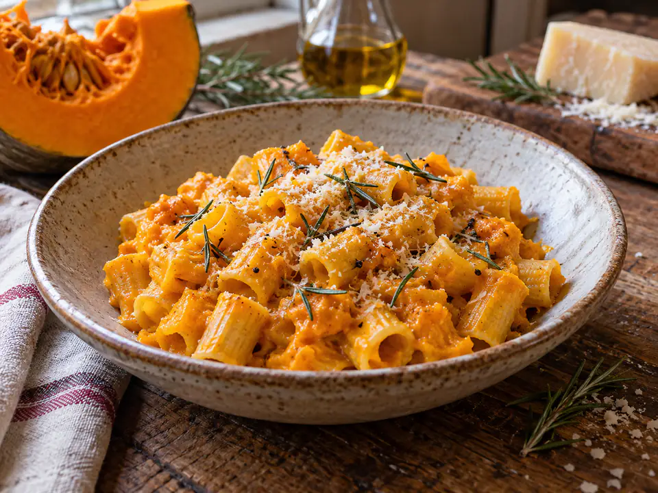 pasta e zucca cremosa fatta in casa, servita con consistenza e ingredienti principali ben visibili