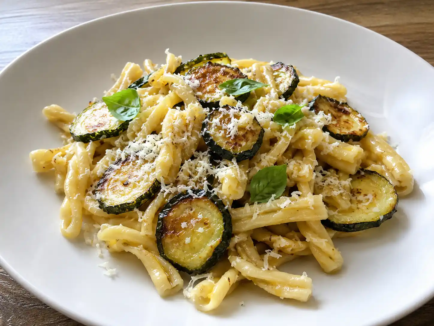 Pasta e zucchine alla siciliana con zucchine fritte, ricotta salata e basilico fresco