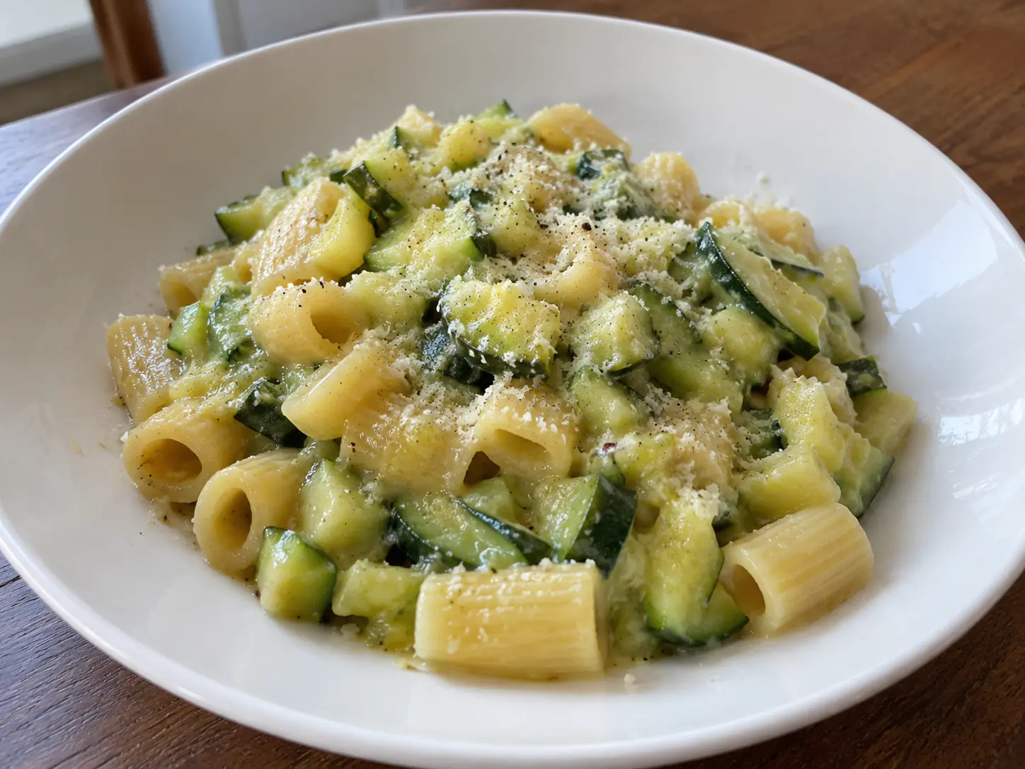 Pasta e zucchine con Bimby cremosa con pasta corta, rondelle di zucchine e parmigiano