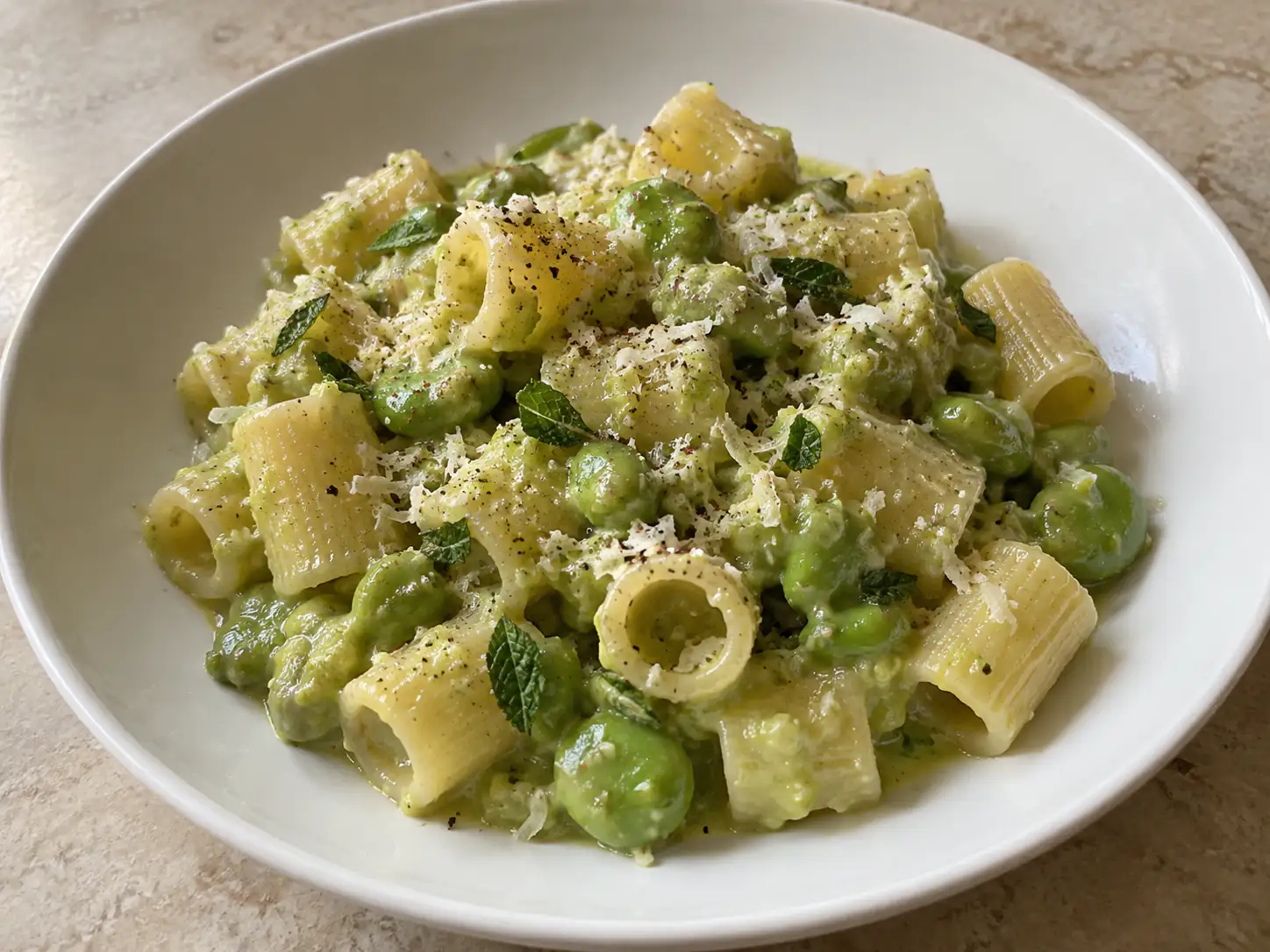Pasta fave e pecorino cremosa con mezze maniche, fave fresche, pepe nero e menta nel piatto