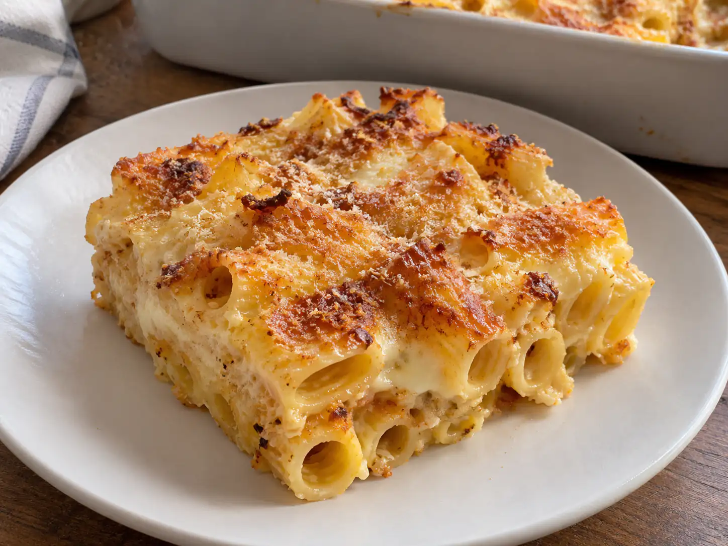 Pasta forno uovo sbattuto e noce moscata con rigatoni dorati, mozzarella filante e crosta al parmigiano