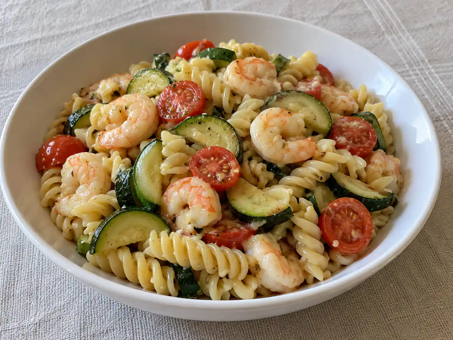 Pasta fredda con gamberetti e zucchine in piatto chiaro con fusilli, pomodorini e condimento lucido
