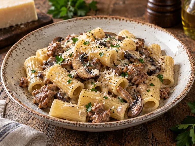 pasta funghi e salsiccia fatta in casa, servita con consistenza e ingredienti principali ben visibili