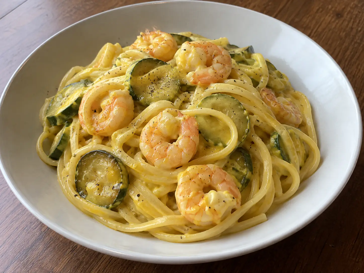 Pasta gamberetti zucchine e zafferano in piatto fondo, cremosa e gialla, con gamberetti e rondelle di zucchine