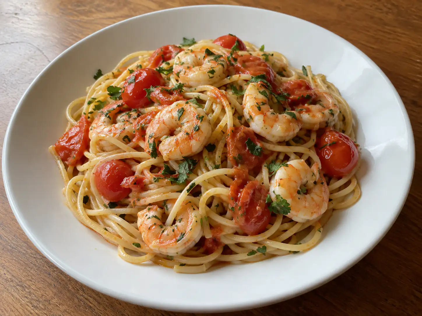 Pasta gamberi pomodorini in piatto bianco con spaghetti, gamberi e sugo fresco al prezzemolo