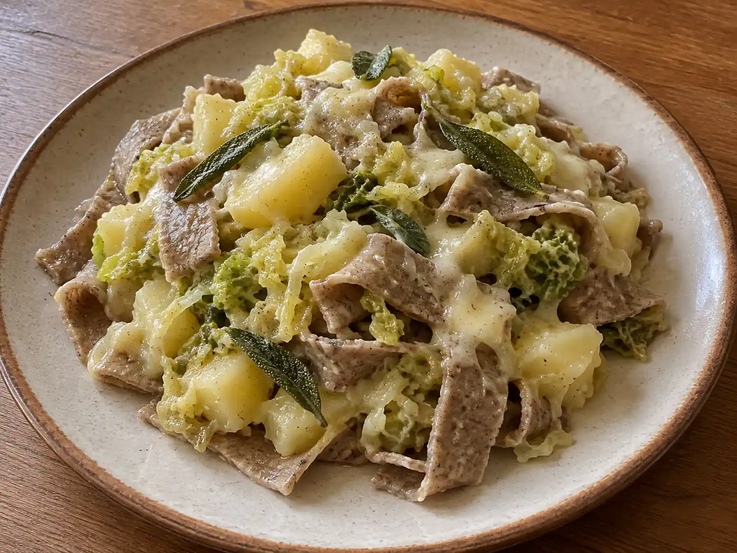 Pasta grano saraceno ricette con verza, patate e formaggio fuso servita calda nel piatto