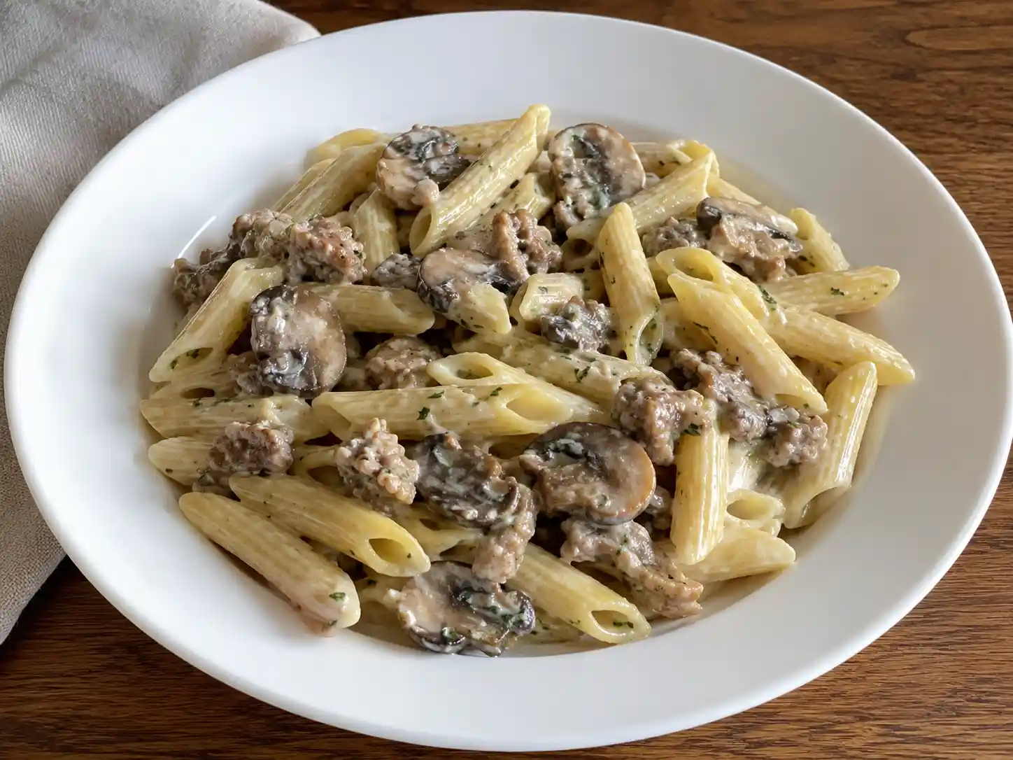 Pasta panna funghi e salsiccia cremosa con champignon e sugo bianco in piatto fondo